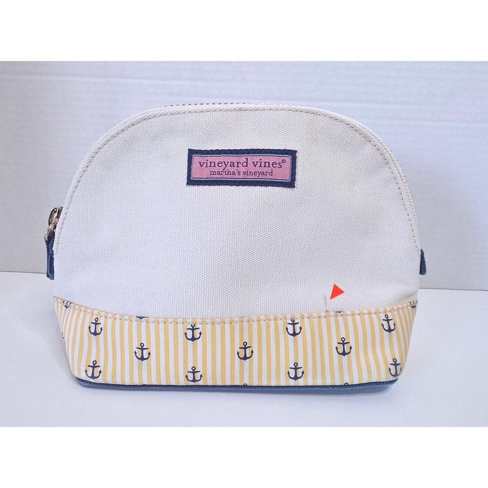 Vineyard Vines Canvas Cosmetic Bag Anchor Stripe Nautical Yellow Cream Blue
